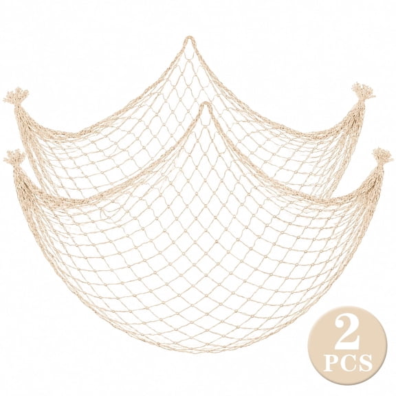 Fish Net Decorations-80x40 inch,3mm Thick Natural Cotton-Versatile Nautical Netting for Under The Sea Hawaiian Beach Parties,Wall/Table/Ceiling Decor Beige 2 Pcs