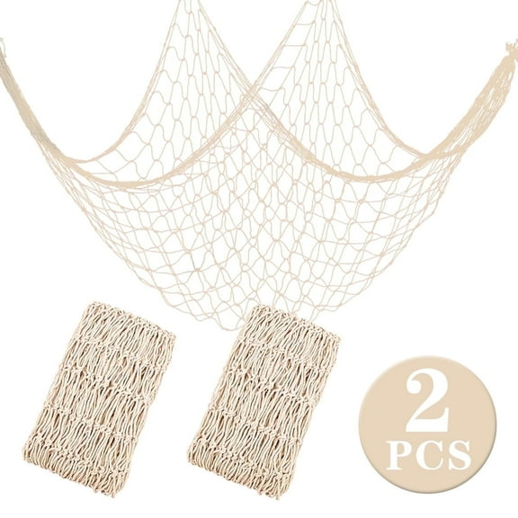 Fish Net Decorations-80x40 inch,3mm Thick Natural Cotton-Versatile Nautical Netting for Under The Sea Hawaiian Beach Parties,Wall/Table/Ceiling Decor Beige 2 Pcs