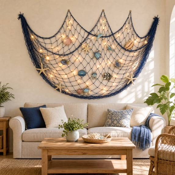 Fish Net Wall Decor with LED String Lights Nautical Fishing Net Hanging, Beach Themed Decoration for Bedroom Living Room Party, Durable Cloth Net with Warm Glow for Coastal Home Decor