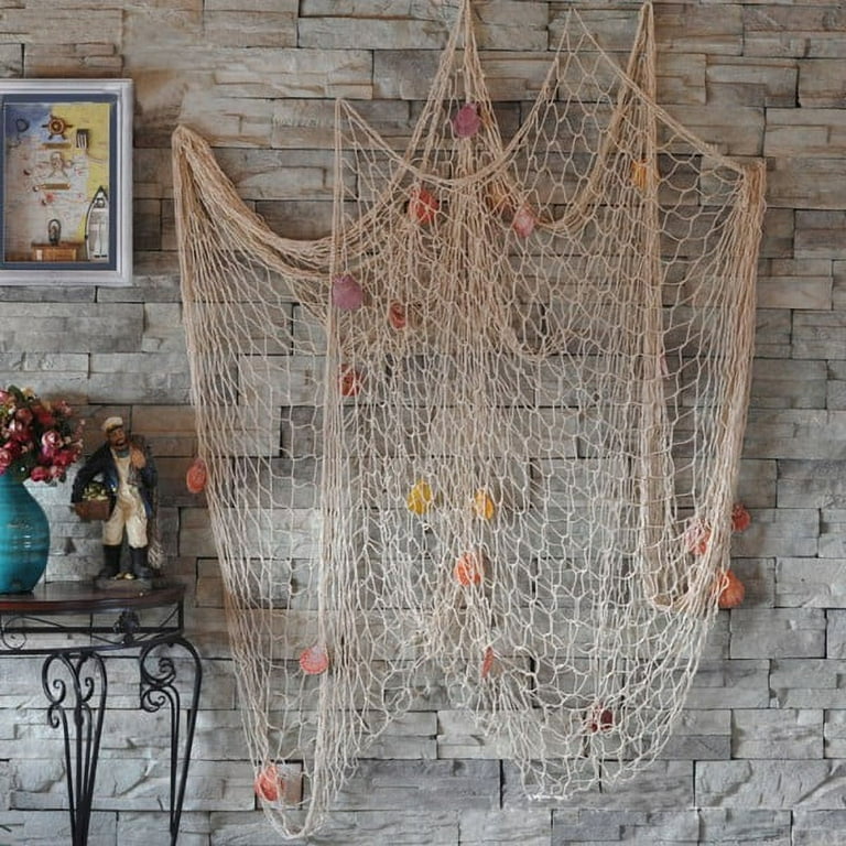 Fish Net Wall Decor, Mediterranean Style Fishing Nets with Sea Shells Decorative Background Wall Bar for Christmas Birthday Party Decorations