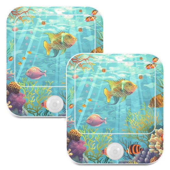 Fish Ocean View Pattern 2 Pack LED Motion Sensor Night Light Plug into Wall Auto Dusk to Dawn Adjustable Brightness for Kids Bedroom Hallway Nursery Room