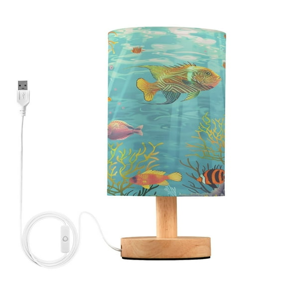 Fish Ocean View Pattern Bedside Table Lamp Desk Warm Lights with USB Charging Port Cylinder LED Lamps for Bedroom Living Room Office