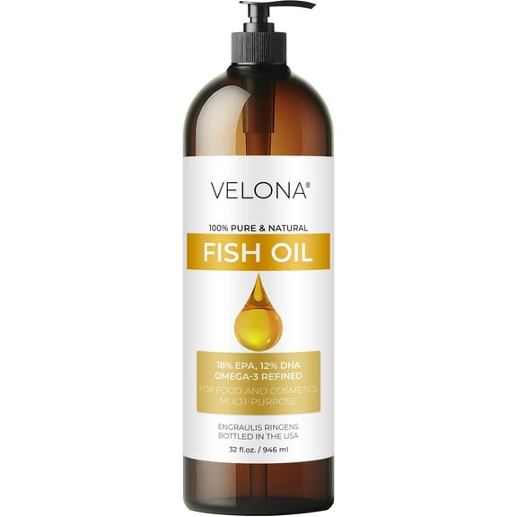 Fish Omega-3 Oil by Velona - 32 oz | 100% Pure and Natural Carrier Oil | Refined, Cold pressed | Vitamin E, D, Omega-3 | Cooking, Skin, Face, Body, Hair Care | Use Today - Enjoy Results
