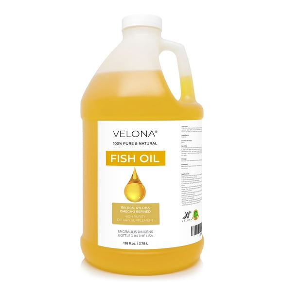 Fish Omega-3 Oil by Velona - 1 Gallon / 128 Fl Oz | 100% Pure and Natural Carrier Oil | Refined, Cold pressed | Vitamin E, D, Omega-3 | Cooking, Skin, Face, Body, Hair Care | Use Today - Enjoy Results