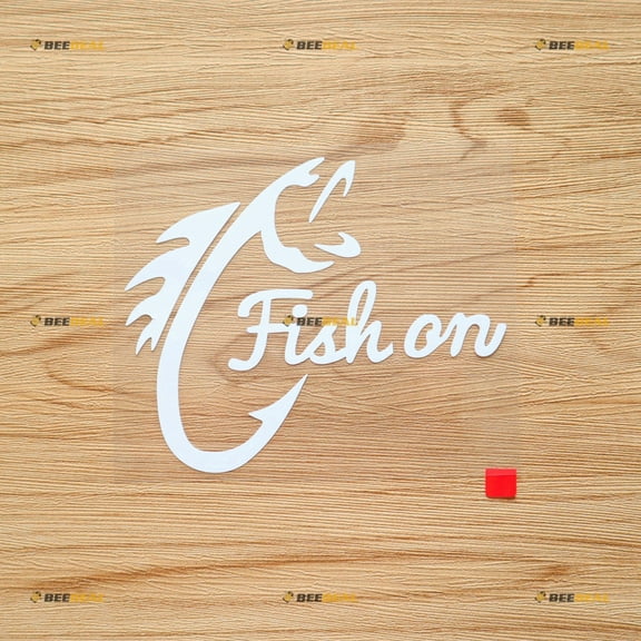 Fish On Bass Fishing Hook Hunting Life Sticker Decal Vinyl - White 5 Inches - No Background Die Cut for Car Boat Laptop Cup