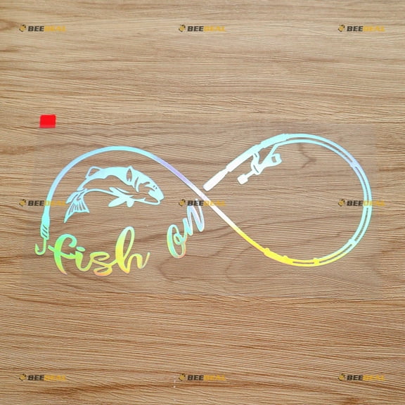 Fish On Fishing Rod Fish Life Infinity Sticker Decal Vinyl - Holographic Iridescent 8 Inches - No Background Die Cut for Car Boat Laptop