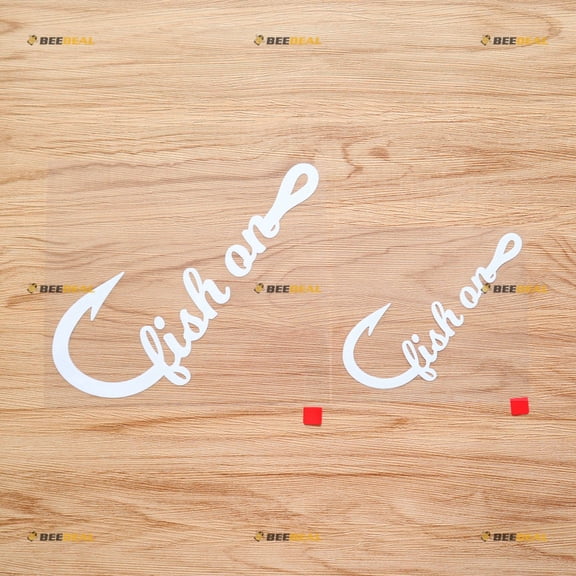 Fish On Hook Fishing Life Hook with Text Sticker Decal Vinyl - 2 Pack White, 4 Inches, 6 Inches - No Background Die Cut for Car Boat Laptop