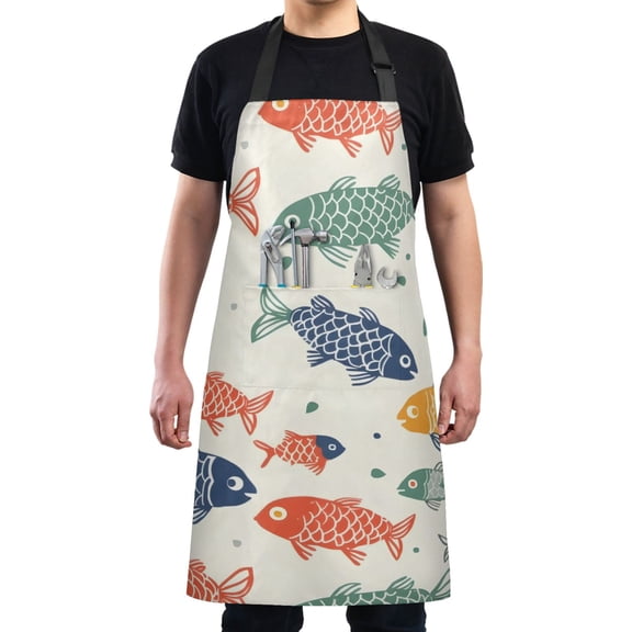 Fish Paper Cutting Kitchen Apron with 2 Pockets Adjustable waterproof Cooking Aprons for Women Men Chef