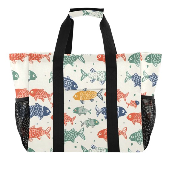 Fish Paper Cutting Reusable Grocery Bags with Handle Side Pocket Waterproof Shopping Portable Tote