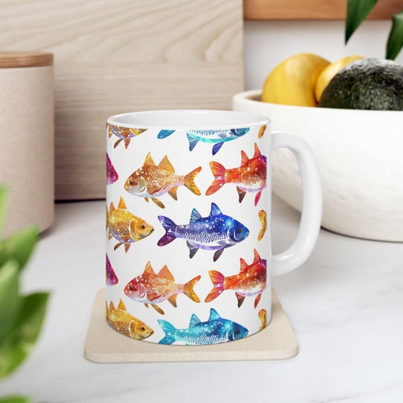 Fish Pattern Ceramic Mug - Ocean Vibes Coffee Cup, Sea Tea Mug, Underwater Animals Drinkware, Marine Theme Gift, Colorful Fishes.