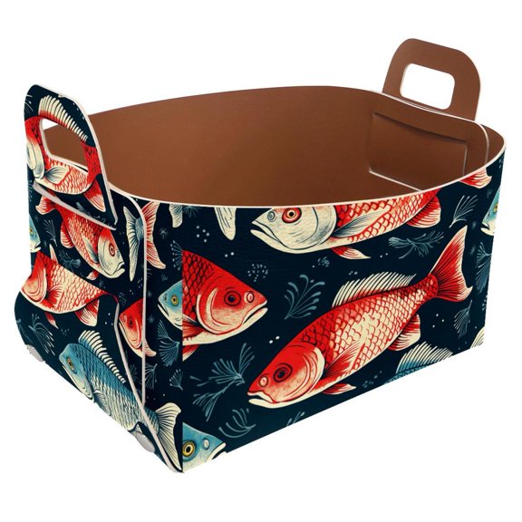 Fish Pattern E Storage Basket Collapsible Storage Bin, PU Foldable Basket Convenient Box Storage Organizer with Handles for Shelves Office Bedroom Closet Nursery Toys Laundry