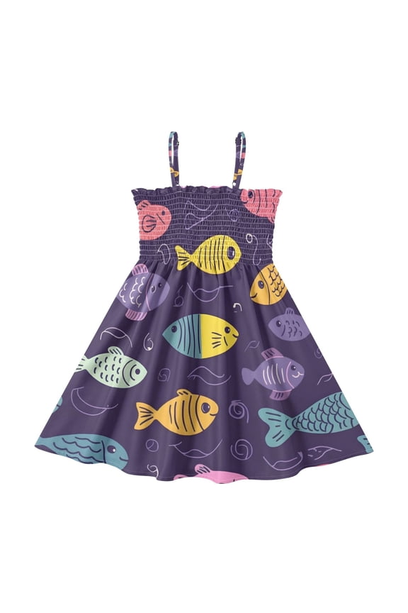 Fish Pattern Girls' Casual Dresses 2Y-8Y Sleeveless Ruffle Neck for Summer Daily Wear