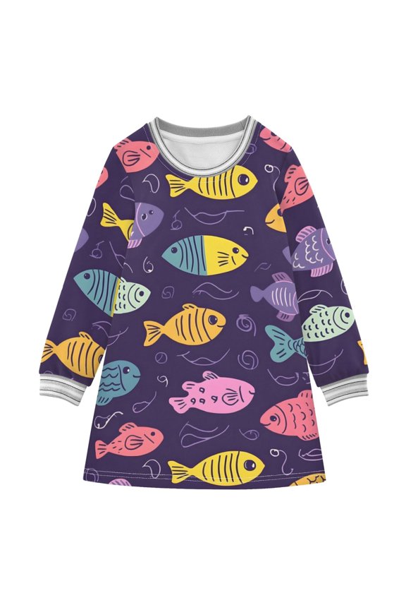 Fish Pattern Girls'long-sleeved dress Thickened A-dress Warm Dress Basic Shirt Party Dresses