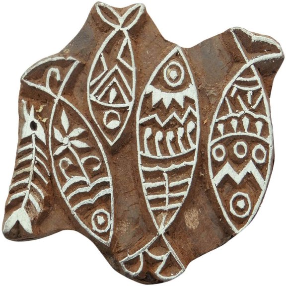 Fish Pattern Hand Carved Wood Printing Blocks Textile Stamp Wooden Brown Block
