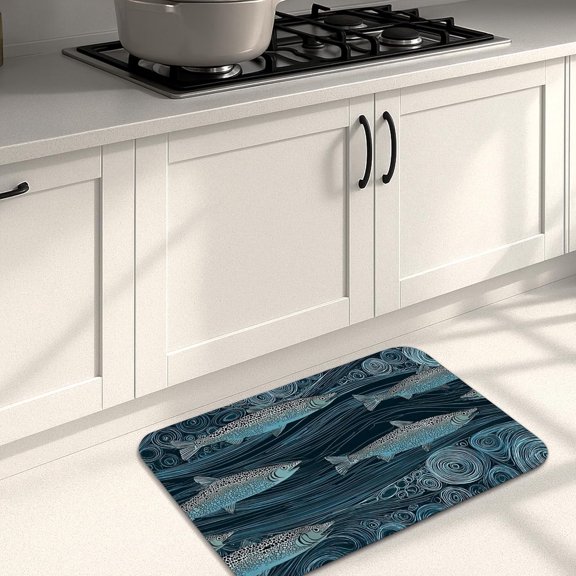 Fish Pattern Kitchen Mat, Ocean Waves Soft Cushioned Non Slip Washable Rug for Kitchen Sink Laundry Room Bathroom, 16 x 24 Inch