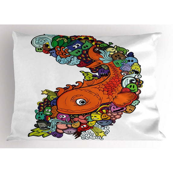 Fish Pillow Sham Big Fish with Bunch of Underwater Sea Creatures Animal Ocean Coral Reef Cartoon Fun, Decorative Standard Queen Size Printed Pillowcase, 30 X 20 Inches, Multicolor, by Ambesonne