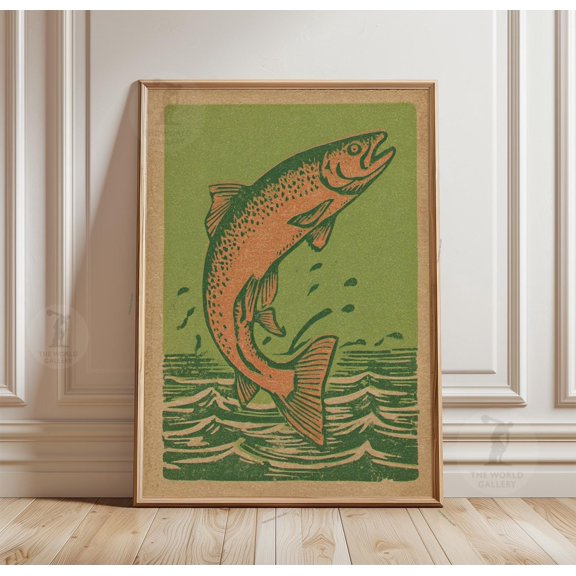 Fish Poster Design Rustic Fishing Wall Art Minimal River Print Nature Lodge Decor 1
