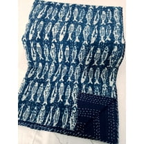 Fish Print Kantha Quilt Blue Fish Kantha Quilt, Indian Cotton Bedspread, Handmade Bedcover
