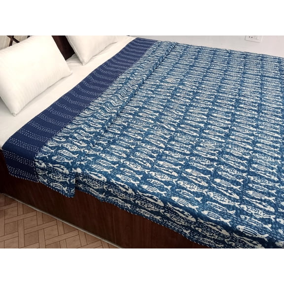 Fish Print Kantha Quilt Blue Fish Kantha Quilt, Indian Cotton Bedspread, Handmade Throw