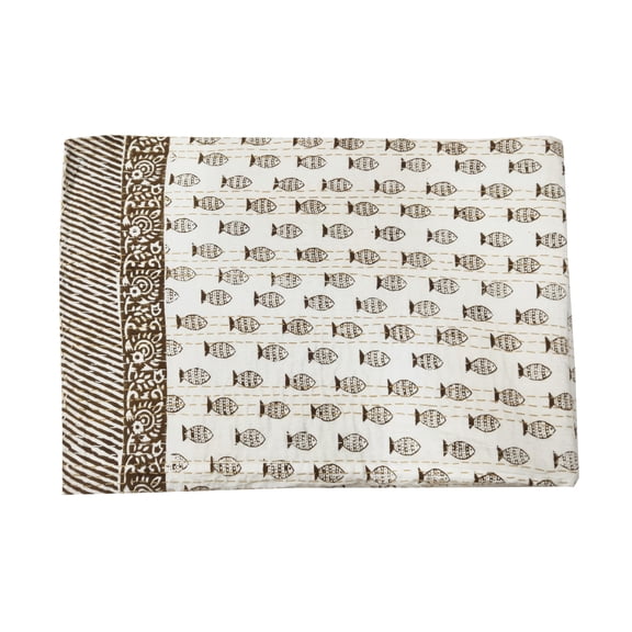 Fish Print Quilt Queen Kantha Quilt Kantha Bedspread Cotton Blanket Indian Bed Cover Bohemian Quilt Kantha Quilt Queen Size