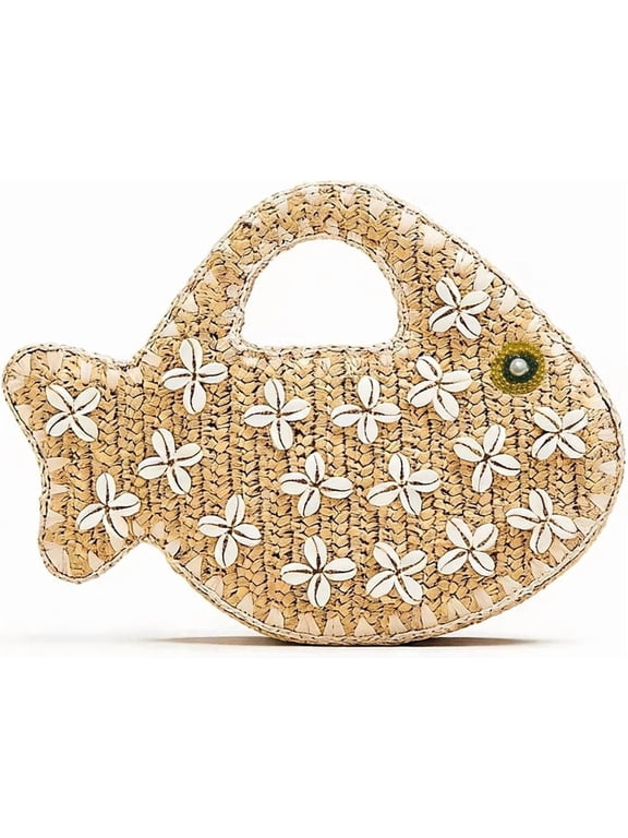 Fish Purse Clutch Straw Woven Fish Shaped Handbag Small Fun Bag Mini Novelty Tote for Women Summer Spring Beach
