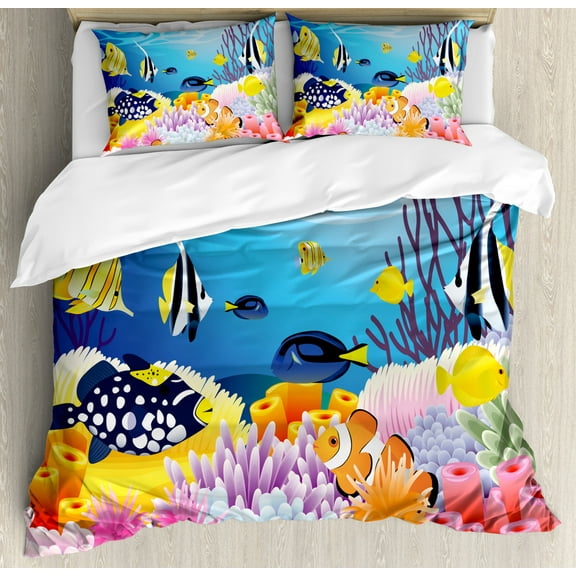 Fish Queen Size Duvet Cover Set, Water Life with Different Kind of Fishes Coral Reefs and Sponges Kids Nursery Theme, Decorative 3 Piece Bedding Set with 2 Pillow Shams, Multicolor, by Ambesonne
