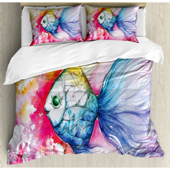 Fish Queen Size Duvet Cover Set, Watercolor Fish Paint with Grunge Vivid Brushstrokes and Splashes Nautical Concept, Decorative 3 Piece Bedding Set with 2 Pillow Shams, Multicolor, by Ambesonne
