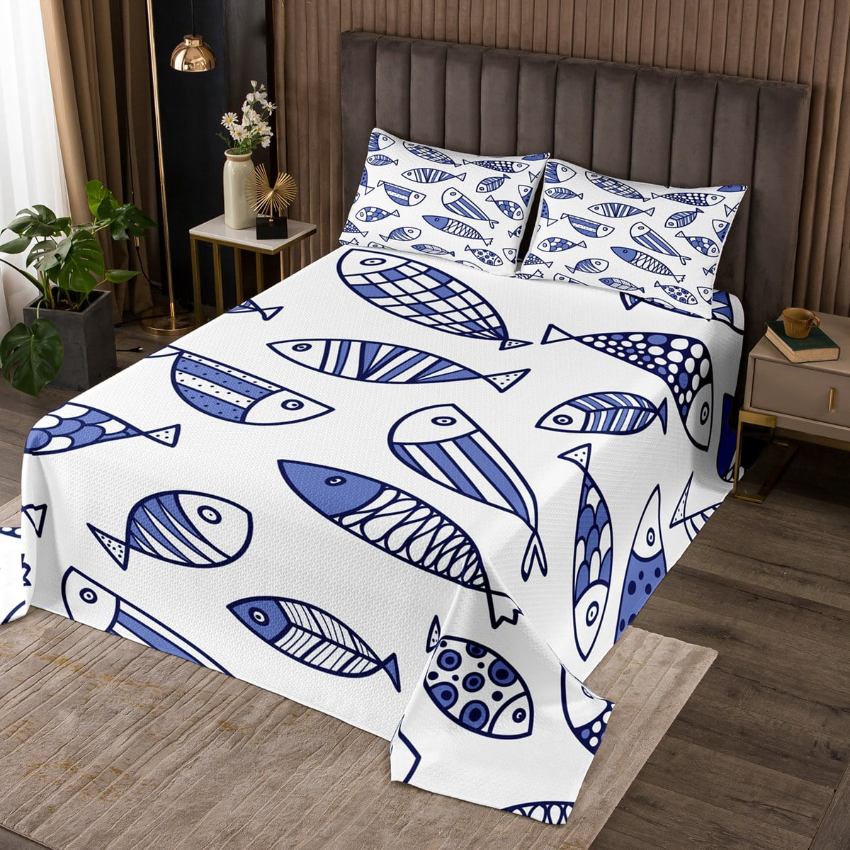 Fish Quilt Set Twin, Ocean Life Bedding , Hand Drawn Cartoon Fish Bedspread Set, Fishing And Hunting Coverlet Set, Sea Animals Bed Set with 1 Pillow Case, Blue White