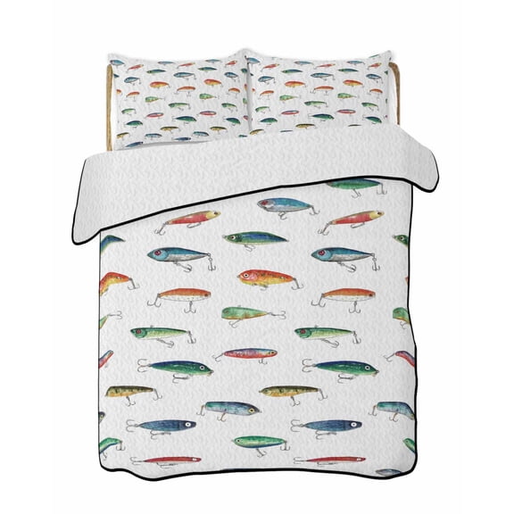 Fish Quilts Bedding Set Full Size Colorful Hook Bait Leisure Fishing Watercolor Lightweight Quilted Bedspread 3 Piece Bed Quilt with 2 Pillow Shams All Season for Bedroom 68" x 98"