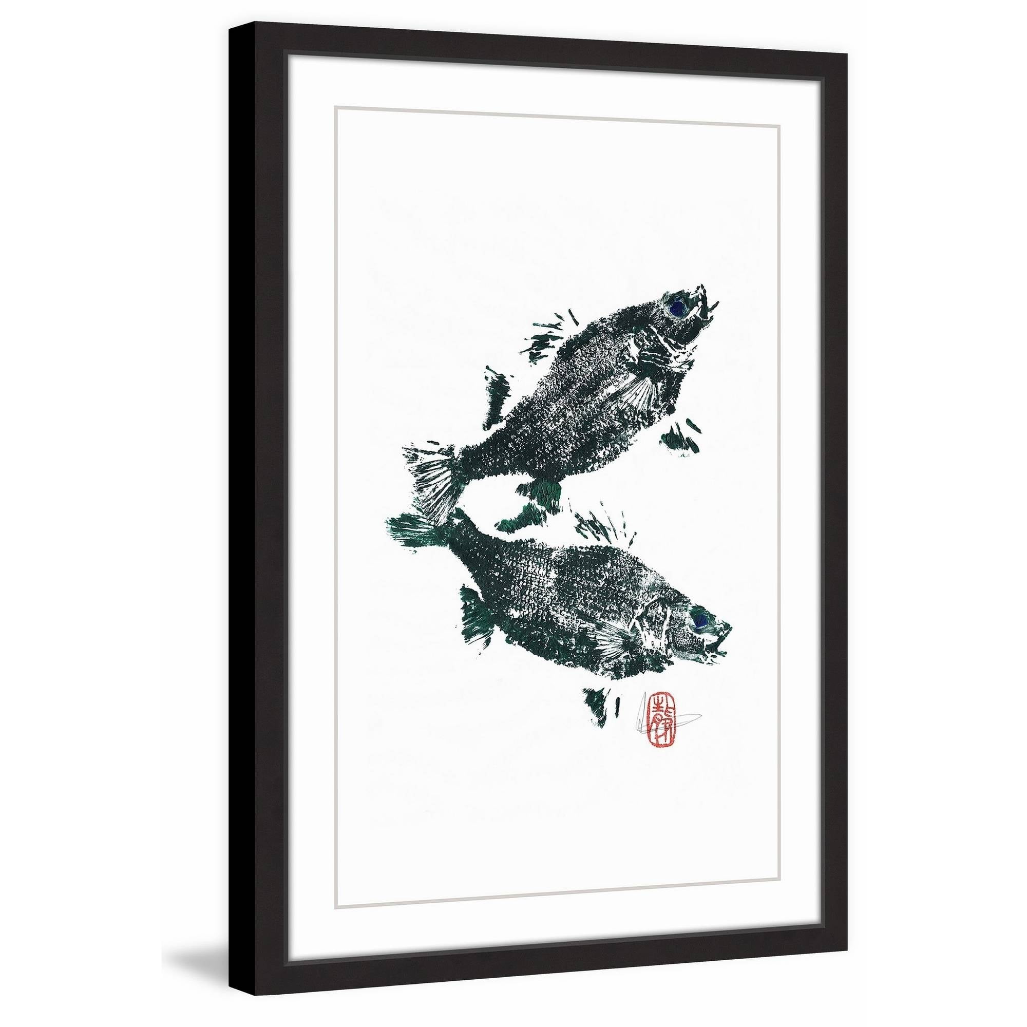 Green Framed Canvas Print of Fish Reflection, 24" x 16"