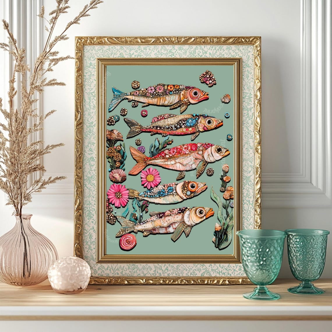 Fish Sardines Wall Art Print, Vintage Ocean, Boho Sage Green, Bathroom ...
