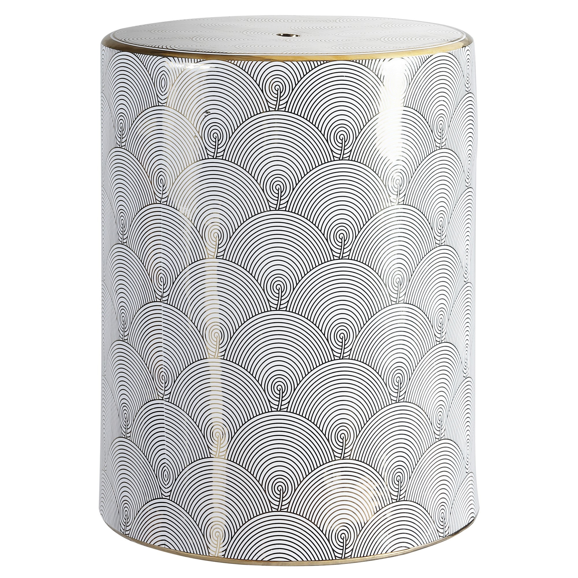 White and Gold Fish Scale Ceramic Garden Stool, 17"
