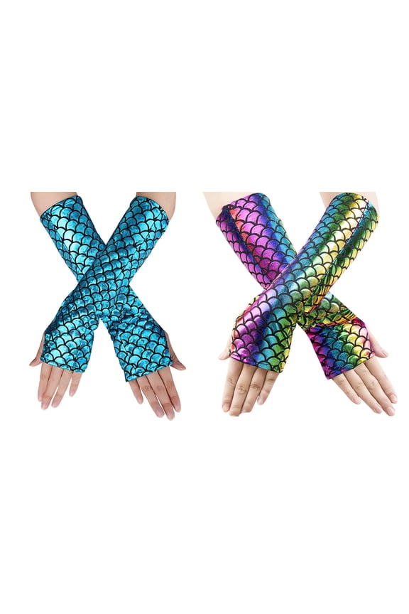 Fish Scale Arm Sleeves Mermaid Scale Rave Cosplay Gloves for Women Girls Goth Punk Fingerless Arm Warmers Elbow Halloween Carnival Mittens Accessories