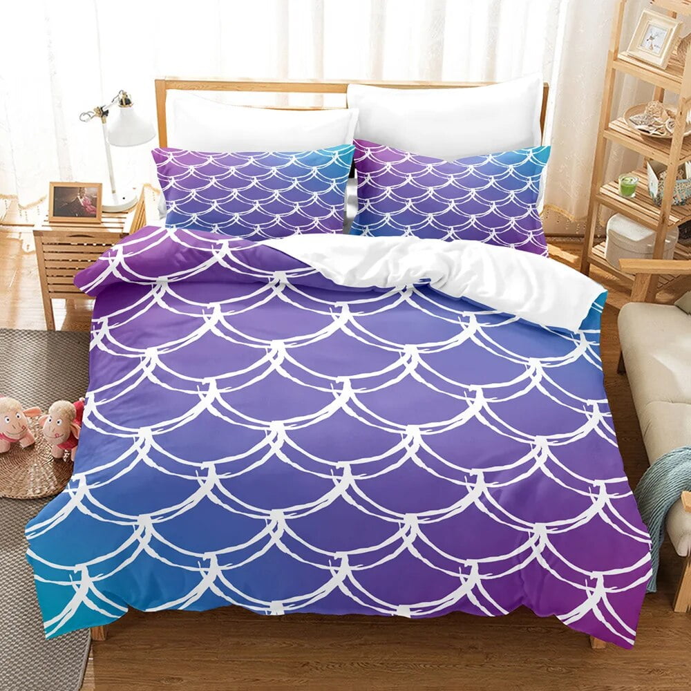 Fish Scale Duvet Cover Set King Size Colourful Mermaid Scales Decor Polyester Bedding Set Cute