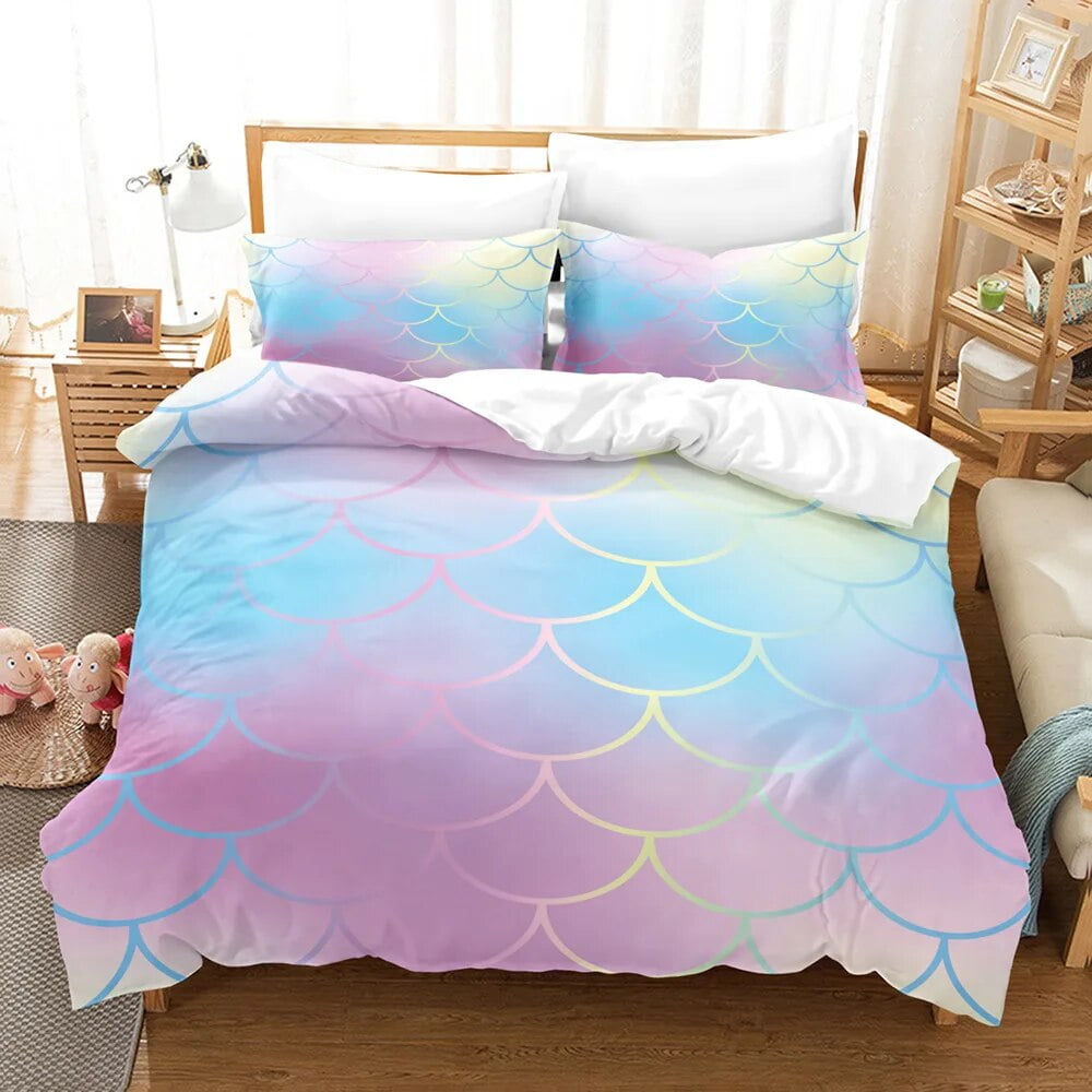 Fish Scale Duvet Cover Set King Size Colourful Mermaid Scales Decor Polyester Bedding Set Cute
