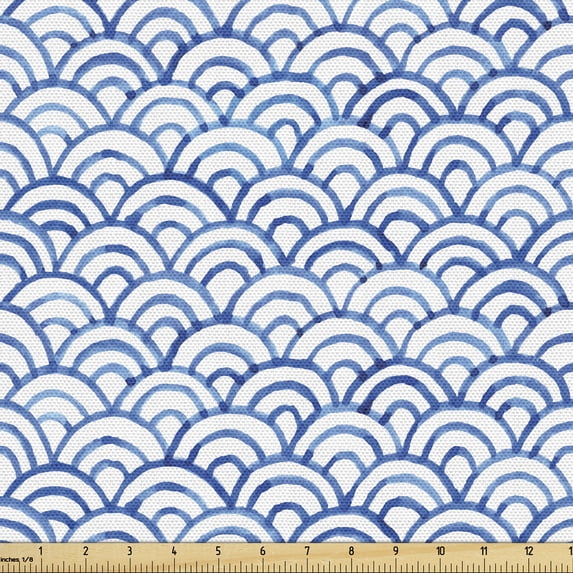 Ambesonne Fish Scale Fabric by the Yard Upholstery, Style Waves, 10 Yards, Navy Blue and White