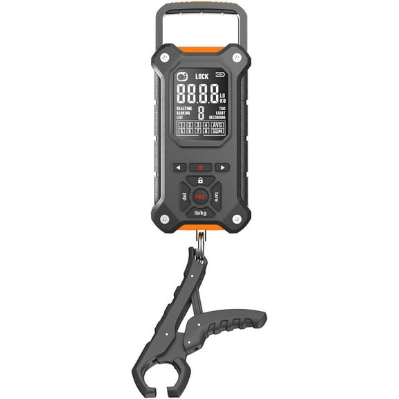 Fish Scale with Lip Gripper, 50 lbs Tournament Bass Scale with 8 Storage Bins, Digital Fishing Weight Scale with Hook & Clamp, High Contrast Hanging Weigher for Boat, Fishing Gifts for Men