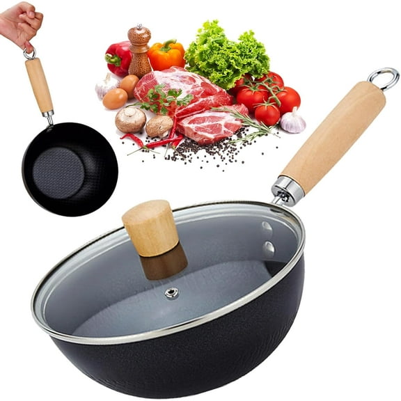 Fish Scale Pattern Flat Bottom Non-Stick Pan, 2025 New Carbon Steel Pan Woks & Stir-Fry Pans with Lid, Nonstick Wok, No Chemical Coated Flat Bottom Hand Hammered (10.4in)