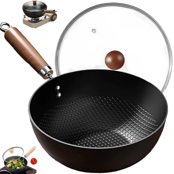 Fish Scale Pattern Flat Bottom Non-Stick Pan, 7.9/9.5/10.2 Inche Carbon Steel Woks & Stir-Fry Pans Nonstick with Glass Lid, Nitriding Anti-rust Coated Flat Bottom Small Wok