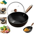 thumbnail image 1 of Fish Scale Pattern Flat Bottom Non-Stick Pan, Handmade Carbon Steel Wok With Glass Lid, No Chemical Coating, Nitriding Anti-Rust, Compatible With Induction & Gas Stoves (24CM), 1 of 8