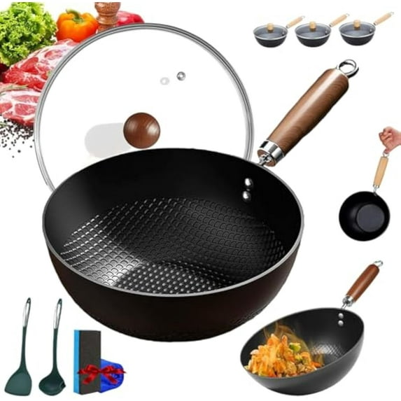 Fish Scale Pattern Flat Bottom Non-Stick Pan, Multifunctional Ultra-Durable Scratch-Resistant Non Stick, Carbon Steel Pan with Lid for Electric, Induction and Gas Stoves (20cm/Lid)