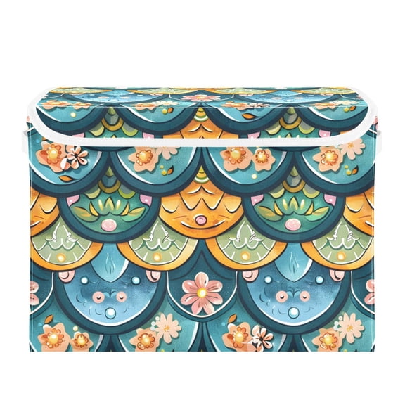 Fish Scale Pattern with Flowers Foldable Storage Bin with Lid and Handle Collapsible Storage Box 16.5 x 12.6 x 11.8 inches