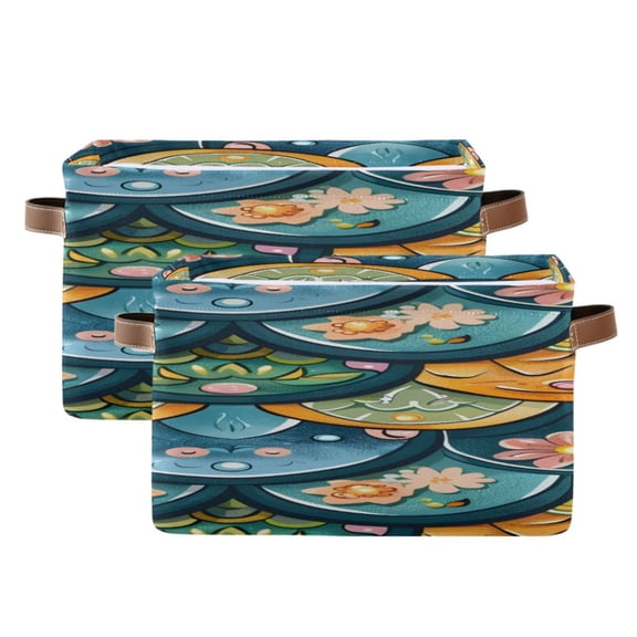 Fish Scale Pattern with Flowers Square Storage Bins with Handles Collapsible Containing Box 2 Packs