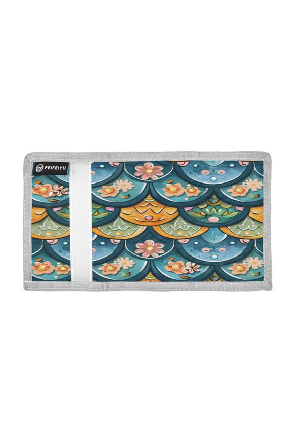 Fish Scale Pattern with Flowers Trifold Wallets Card Holders Coin Pockets with Lanyards Portable Unisex