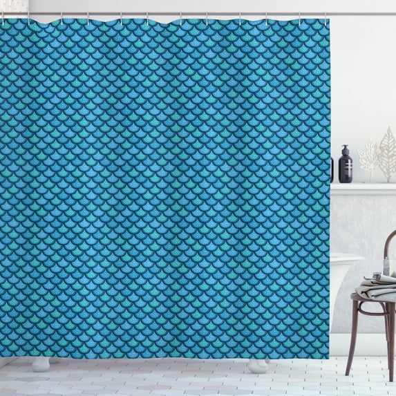 Fish Scale Shower Curtain, Nautical Design with Realistic Graphic Water Drops on Half Circles Print, Fabric Bathroom Set with Hooks, 69W X 70L Inches, Blue and Turquoise, by Ambesonne