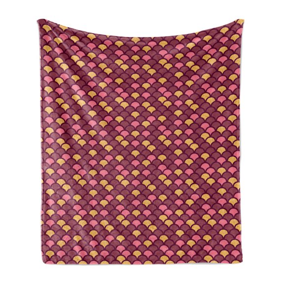 Fish Scale Soft Flannel Fleece Blanket, Overlapping Arc Shapes Traditional Pattern with Modern Design Print, Cozy Plush for Indoor and Outdoor Use, 70" x 90", Maroon Pink and Yellow, by Ambesonne
