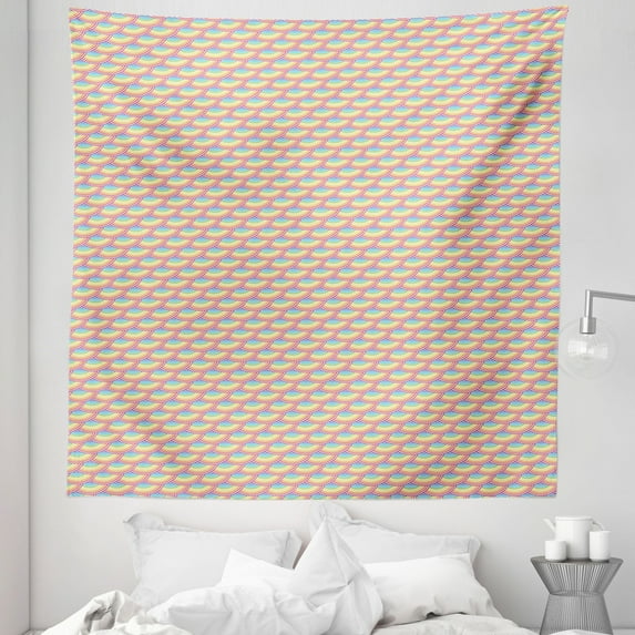 Fish Scale Tapestry, Diagonal Circles Pattern in Rainbow Colors Geometric Japanese Wave Tile Design, Fabric Wall Hanging Decor for Bedroom Living Room Dorm, 5 Sizes, Multicolor, by Ambesonne