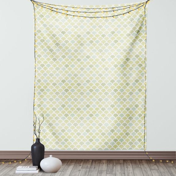 Fish Scale Tapestry, Pattern of Curves with Mesh in Green Shade Pastel Color Tile, Wall Hanging for Bedroom Living Room Dorm Decor, 40W X 60L Inches, Olive Green Pale Green Seafoam, by Ambesonne