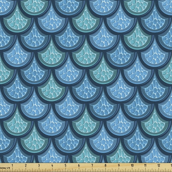 Ambesonne Fish Scale Fabric by the Yard Upholstery, Waterdrop Circles, 1 Yard, Blue and Turquoise
