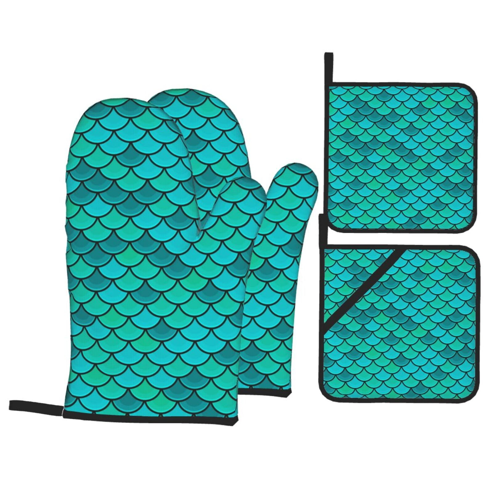Fish Scales Blue Geometric 4Pcs Oven Mitts and Pot Holders Sets Oven Kitchen Gloves Hot Pads for Cooking BBQ Baking Grilling